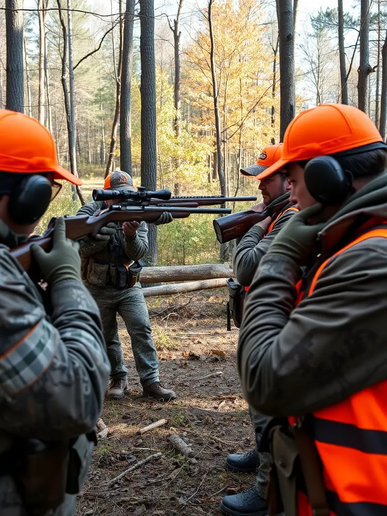 A photograph depicting a group of association members participating in a supervised hunting activity in the Langouat region, emphasizing safety and responsible hunting practices.