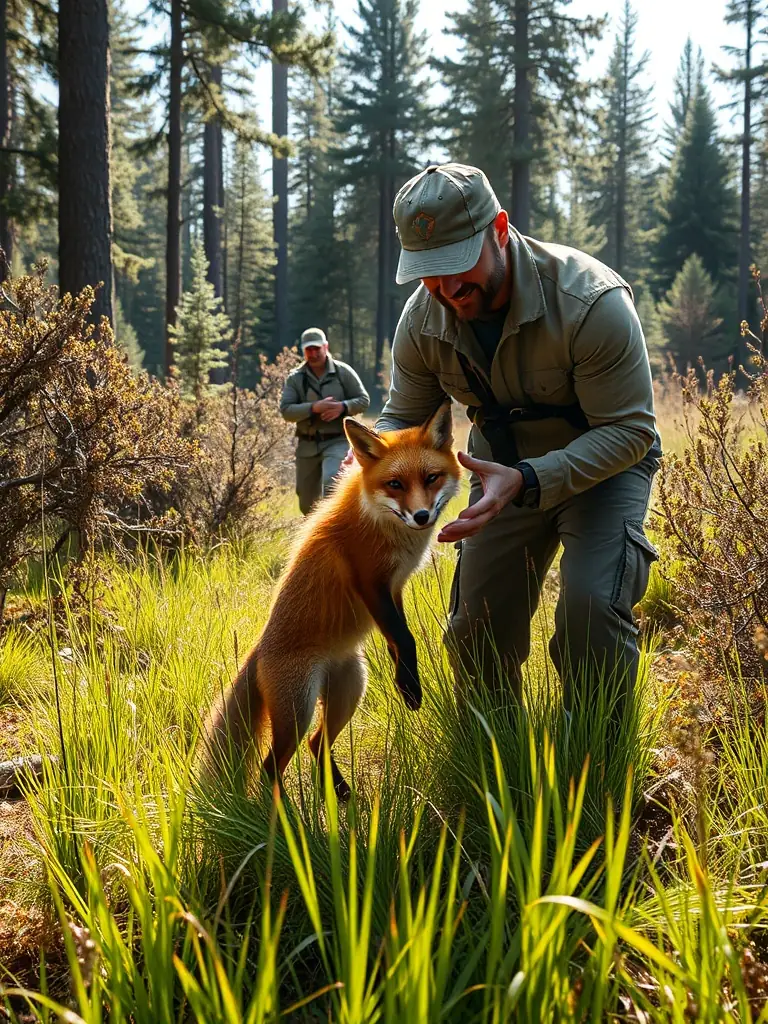 A picture of members of the ASSOCIATION OF OWNERS AND HUNTERS OF LANGOAT releasing a rehabilitated animal back into its natural habitat, demonstrating the organization's commitment to wildlife rehabilitation.
