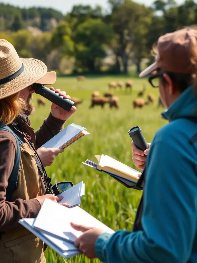 An image showcasing association members conducting a wildlife census in a field, highlighting the importance of monitoring and managing local animal populations.
