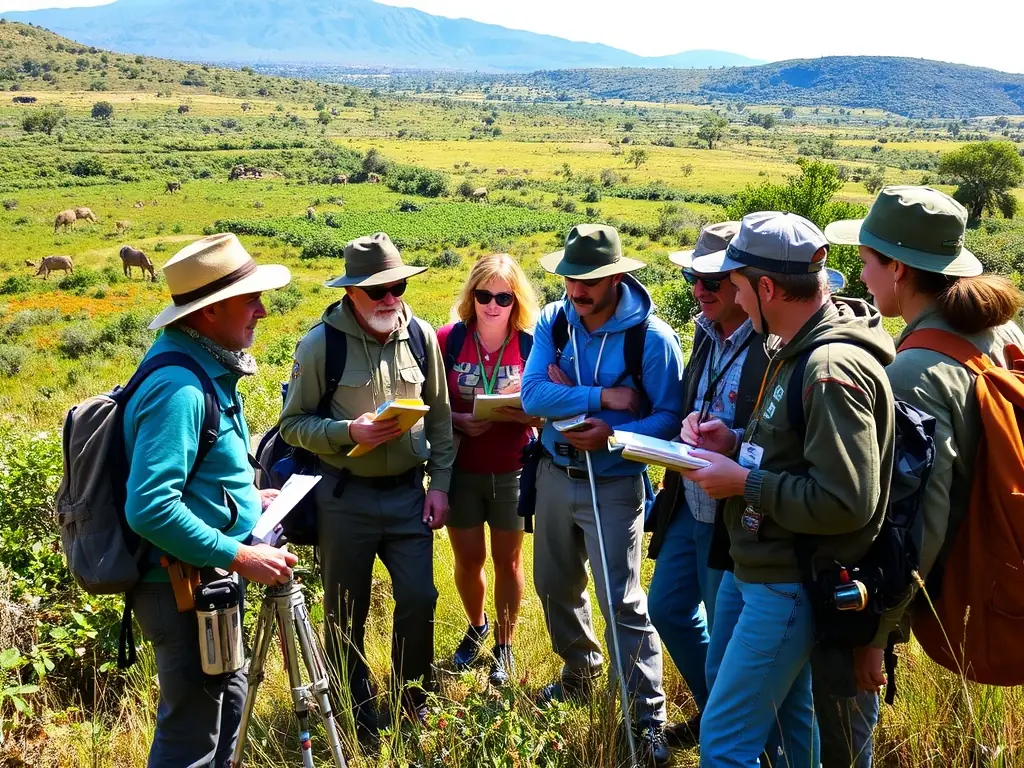 A group of association members participating in a wildlife monitoring activity in a field in Langöat, using binoculars and recording data.