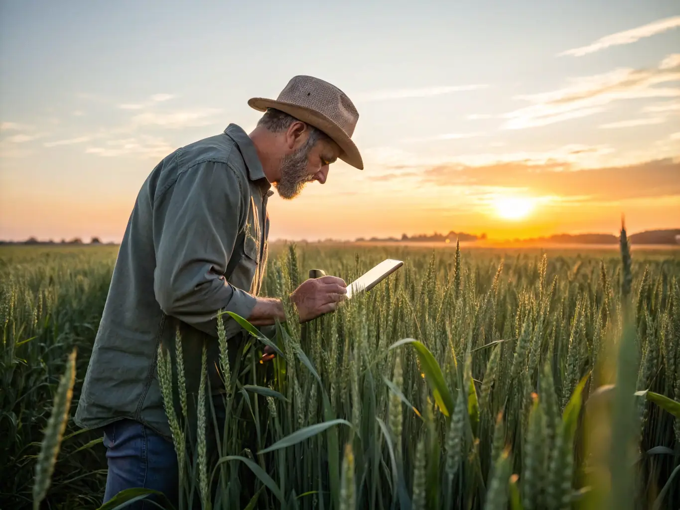 A farmer inspecting crops in a field, with a focus on protective measures implemented by the association to prevent damage from wildlife.