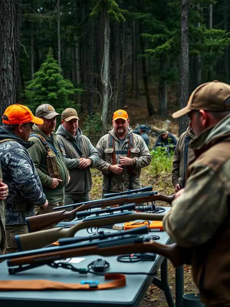 A photograph depicting a group of association members participating in a supervised hunting activity in the Langouat countryside, emphasizing responsible hunting practices.