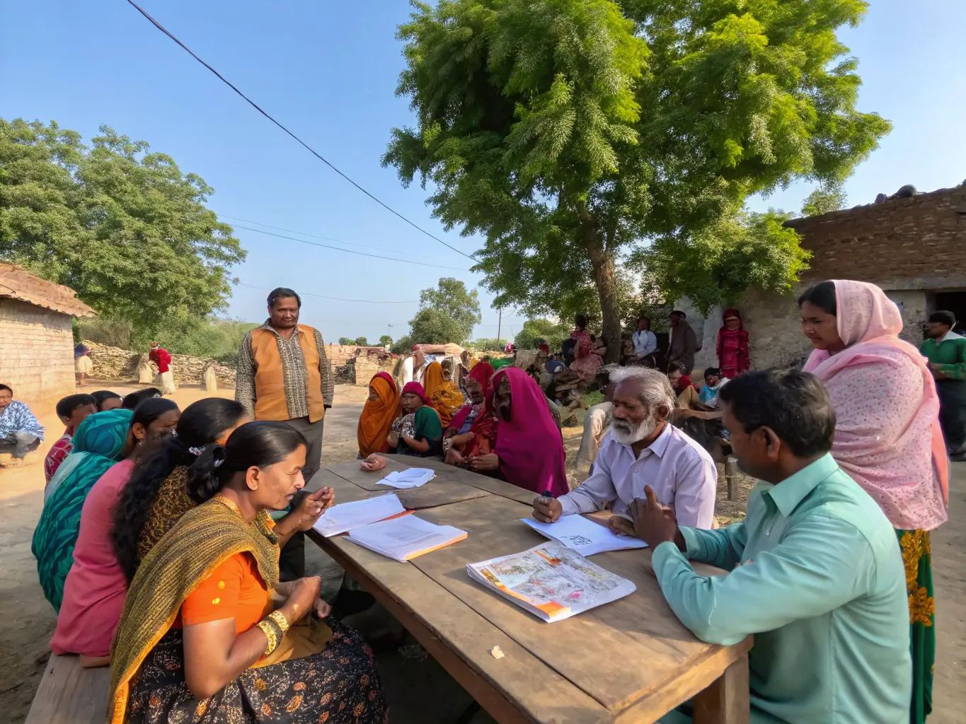 A community meeting in Langöat, where association members are discussing rural safety initiatives and emergency response plans.