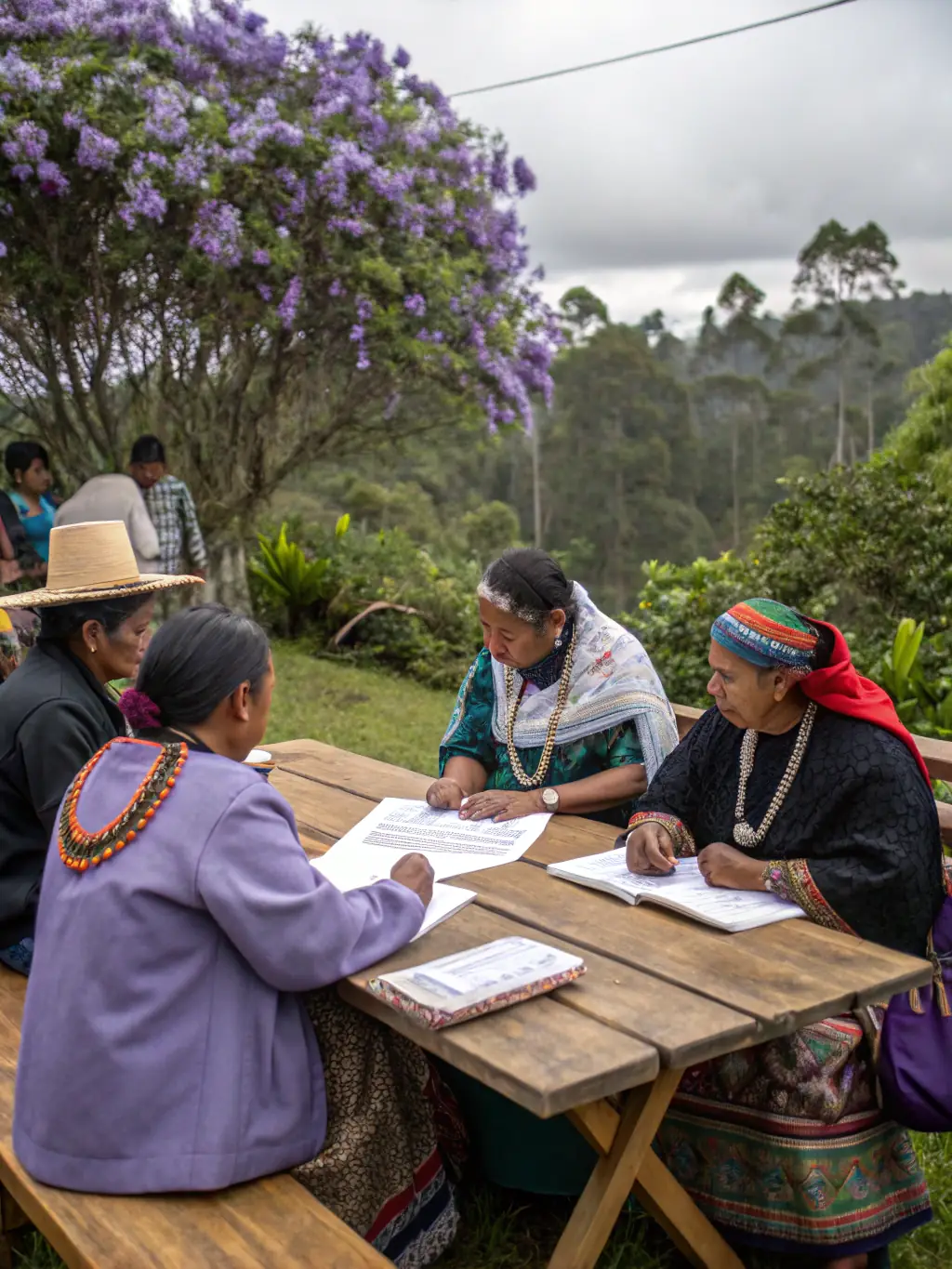 An image showcasing a community meeting in Langouat, where association members are discussing environmental issues and conservation efforts.