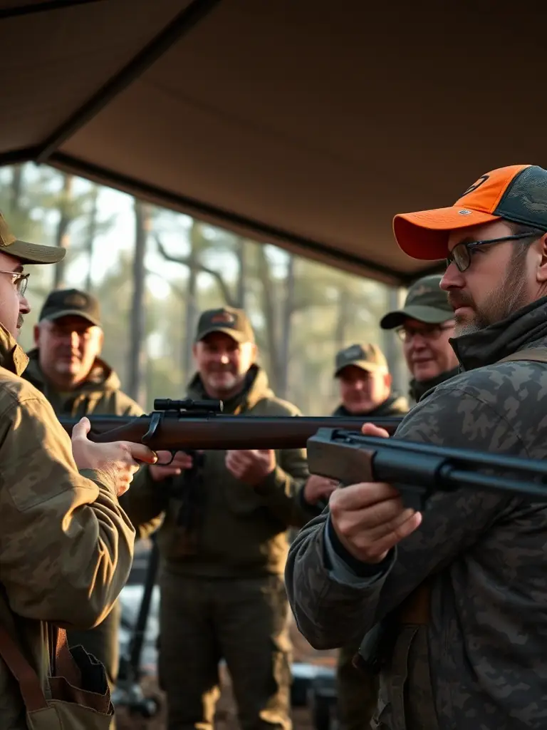 A photo of association members conducting a safety training session for hunters, focusing on safe firearm handling and emergency procedures.