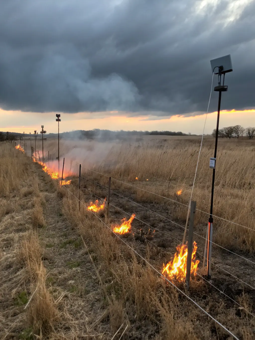 A photograph capturing a controlled burn in a field, showcasing responsible land management practices by the ASSOCIATION OF OWNERS AND HUNTERS OF LANGOAT.