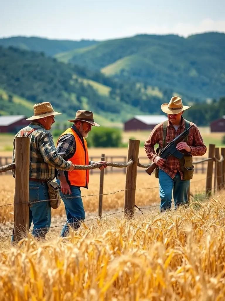 A photograph depicting a group of volunteers constructing a fence to protect crops from wildlife, showcasing the crop protection program of the ASSOCIATION OF OWNERS AND HUNTERS OF LANGOAT.