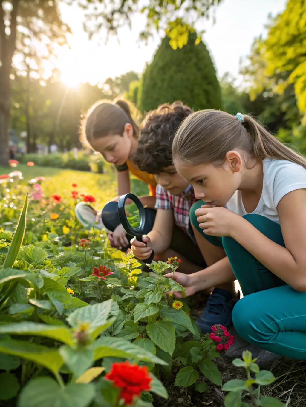A photo of children participating in an environmental education program, learning about local flora and fauna, highlighting the environmental awareness initiatives of the ASSOCIATION OF OWNERS AND HUNTERS OF LANGOAT.